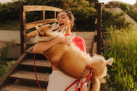 Close-up of a woman hugging a Welsh Corgi in the park in sunny weather. Concept of walking a dog, friendship between a dog and owner. Part of a series. Soft focus.の写真素材