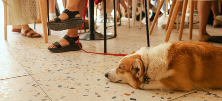 Close up of young girl with Corgi in dog friendly cafe. Concept of friendship between a dog and human. Part of a series. Coffee break with petの写真素材