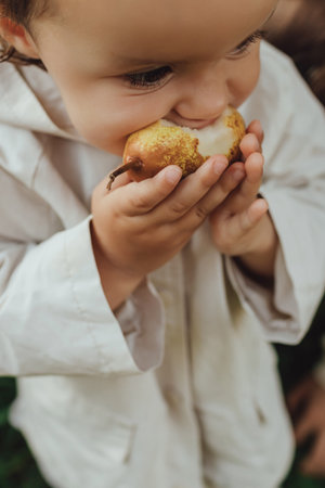 Happy little baby girl playing in a autumn park. Childhood joy, outdoor activity, early learning, imagination, authentic moment, emotional childhood, natural light. Part of a seriesの写真素材