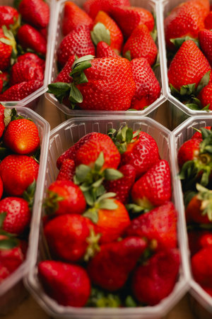 Fresh berry in plastic packaging at small local urban market. Organic produce on sale at outdoor farmer market. Selling fresh crops and veggies harvest. Close up. Part of the series.の写真素材