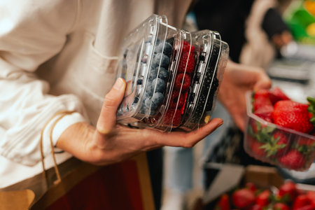 Close-up of hand with fresh berry in plastic packaging at local urban market. Organic produce on...