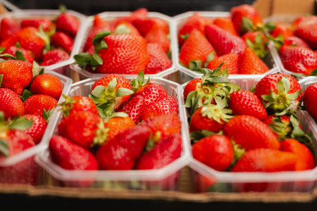 Fresh berry in plastic packaging at small local urban market. Organic produce on sale at outdoor...