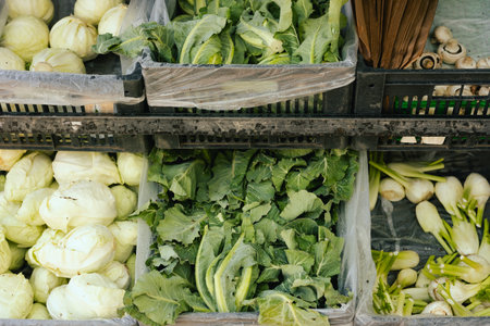 Fresh greens at small local urban market. Organic produce on sale at outdoor farmer market. Selling...