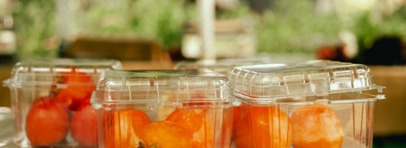 Fresh persimmon in plastic packaging at local urban market. Organic produce on sale at outdoor...