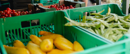 Fresh vegetables at small local urban market. Organic produce on sale at outdoor farmer market....