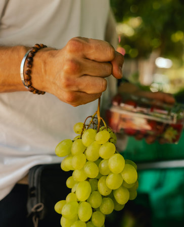 Close up of hand with a grape in plastic box on the local Farmers market. Shopping At Farmers Market...