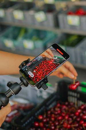 Middle-aged woman blogger filming on the farm market. Mature Female Customer Shopping At Farmers...