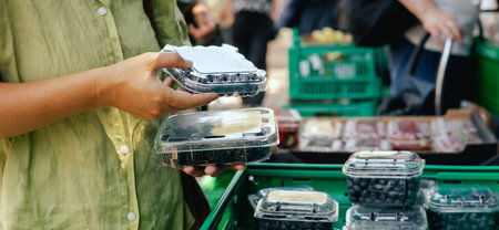 Close-up of hand with fresh berry in plastic packaging at local urban market. Organic produce on...