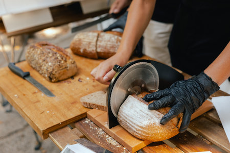 Hand-slicing craft bread on a table in a local bakery. The healthy eating and traditional bakery...