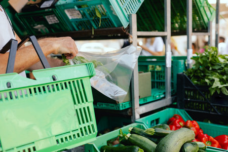 Close-up of female hands putting vegetables into a bag at a local market. Organic produce on sale at...