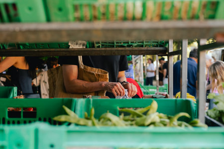 Close-up of female hands putting vegetables into a bag at a local market. Organic produce on sale at...
