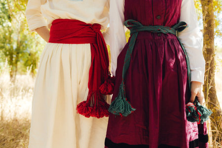 Close-up of Ukrainian traditional costume embroidered vyshyvanka blouse, woven belt kraika, folk jewelry. Ethnic festive clothing, national outfit details, cultural heritage. Part of the series.の写真素材