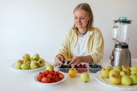 Healthy woman in her kitchen. Woman serving herself wholesome vegan food at home. Woman taking care of her body with a plant-based diet.の写真素材