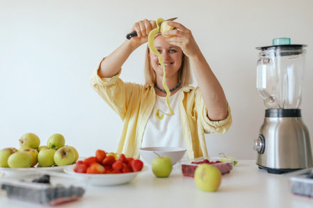 Healthy senior woman in her kitchen. Mature woman serving herself wholesome vegan food at home....