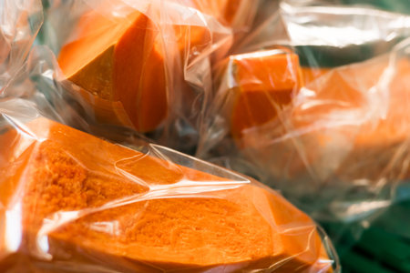 Fresh vegetables at small local urban market. Organic produce on sale at outdoor farmer market. Selling fresh crops and veggies harvest. Close up. Part of the series.の写真素材