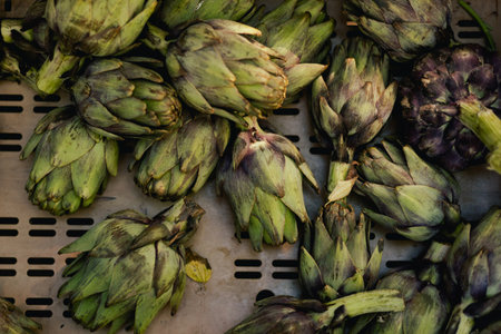 Fresh vegetables at small local urban market. Organic produce on sale at outdoor farmer market. Selling fresh crops and veggies harvest. European urban setting. Close up. Part of the series.の写真素材