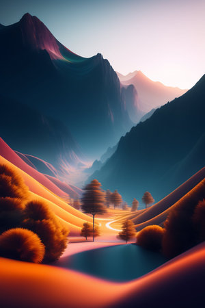 Fantasy landscape with mountains and road. 3d rendering, 3d illustration.の素材