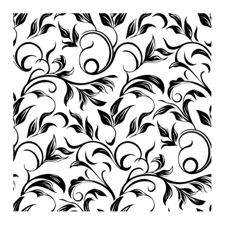 Floral ornament with flowers and leaves, black and white vector illustrationのイラスト素材