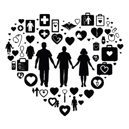Family silhouette in the shape of a heart with medical icons. Vector illustrationのイラスト素材