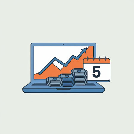 Laptop with growing graph and coins. Vector illustration in flat styleの写真素材