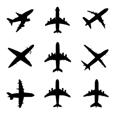 Airplanes silhouettes isolated on white background. Airplane vector illustration.のイラスト素材