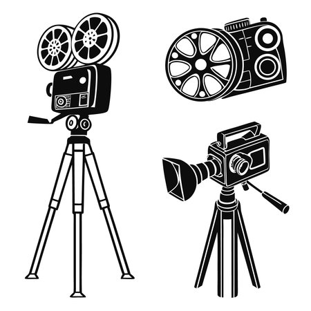 Vintage Movie Cameras On Tripods Vector Illustration. Professional high-quality vector illustration, perfect for print and web use.のイラスト素材