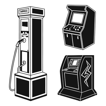 Three Vintage Arcade Game And Charging Station. Professional high-quality vector illustration, perfect for print and web use.のイラスト素材