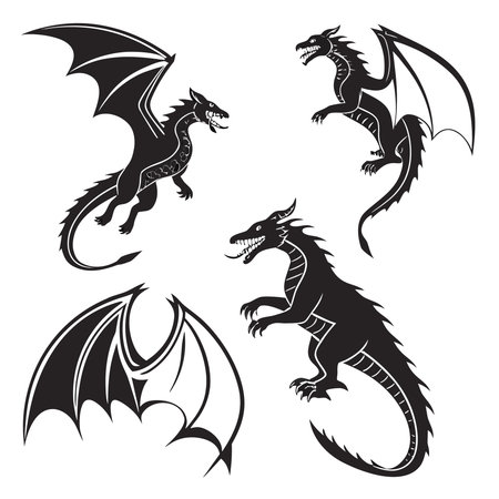 Silhouette Illustration Of Four Dragons. Professional high-quality vector illustration, perfect for print and web use.のイラスト素材