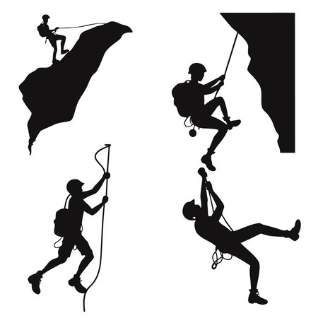 Silhouette Illustration Of People Rock Climbing. Professional high-quality vector illustration, perfect for print and web use.のイラスト素材