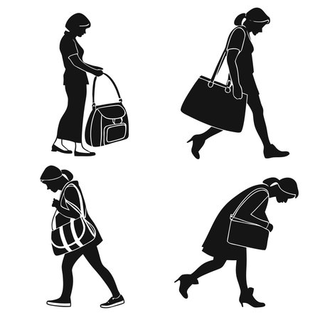 Silhouettes Of Women Carrying Different Types Of Bags. Professional high-quality vector illustration, perfect for print and web use.のイラスト素材