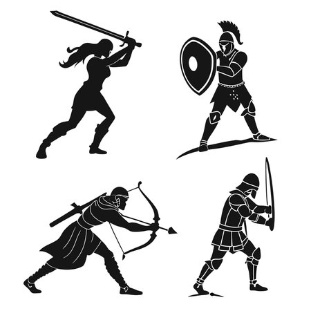 Silhouetted Warriors In Action Poses. Professional high-quality vector illustration, perfect for print and web use.のイラスト素材