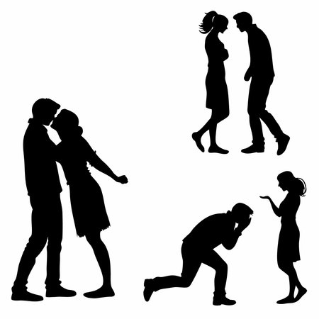 Silhouettes Depicting Stages Of A Relationship From Romance To Conflict. Professional high-quality vector illustration, perfect for print and web use.のイラスト素材