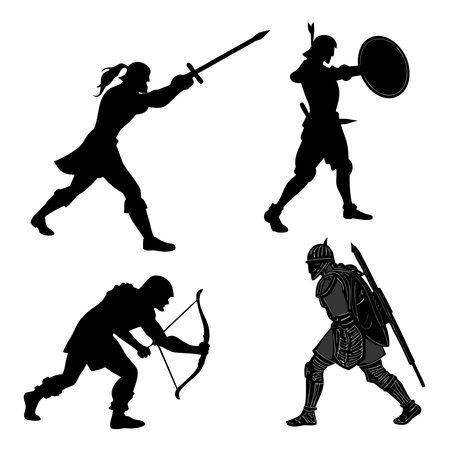Four Warriors In Silhouette Are Ready For Battle. Professional high-quality vector illustration, perfect for print and web use.のイラスト素材