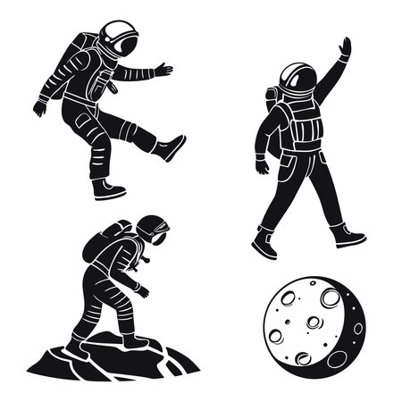 Silhouetted Astronauts Exploring The Lunar Surface. Professional high-quality vector illustration, perfect for print and web use.のイラスト素材