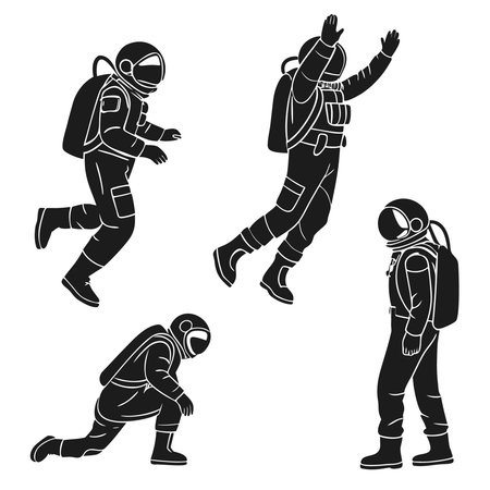 Silhouetted Astronauts In Diverse Actions. Professional high-quality vector illustration, perfect for print and web use.のイラスト素材