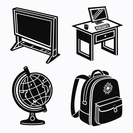 School Objects Including Computer Globe And Backpack. Professional high-quality vector illustration, perfect for print and web use.のイラスト素材