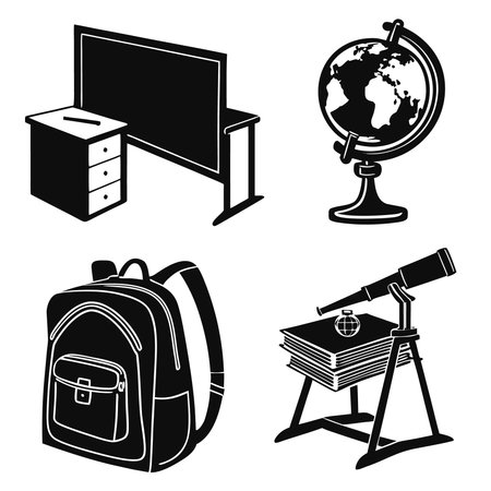 School Objects Including Telescope Globe And Backpack. Professional high-quality vector illustration, perfect for print and web use.のイラスト素材