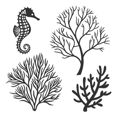 Seahorse And Coral In Black Silhouette Style. Professional high-quality vector illustration, perfect for print and web use.のイラスト素材