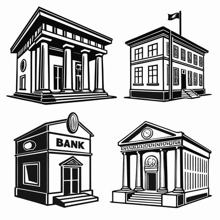 Four Different Bank Building Designs Are Illustrated. Professional high-quality vector illustration, perfect for print and web use.のイラスト素材