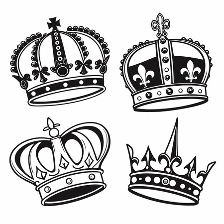 Crowns set. Black and white vector illustration isolated on white background.のイラスト素材