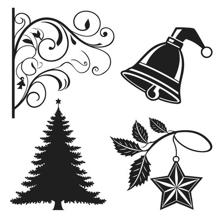 Christmas and New Year elements. Christmas tree, bell, star, snowflakes. Vector illustrationのイラスト素材