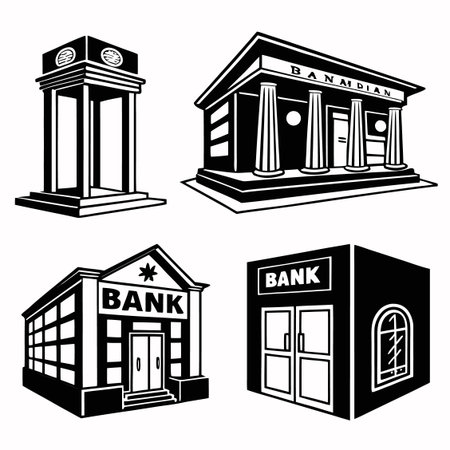 Four Different Bank Building Designs Are Presented. Professional high-quality vector illustration, perfect for print and web use.のイラスト素材