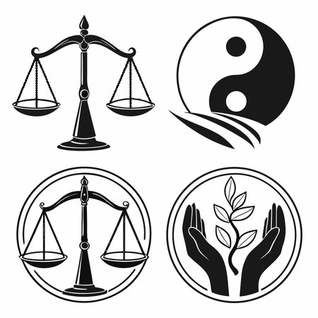 Four Symbols Representing Balance Justice Harmony And Nature. Professional high-quality vector illustration, perfect for print and web use.のイラスト素材