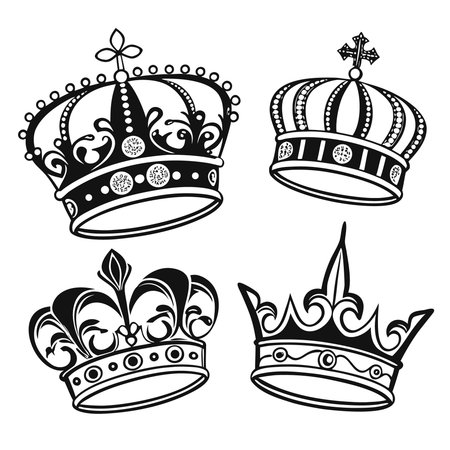 Four Different Crowns With Unique Designs Are Shown. Professional high-quality vector illustration, perfect for print and web use.のイラスト素材