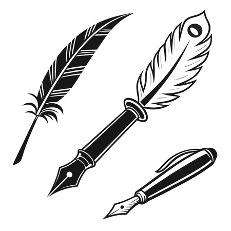 Quill pen and ink pen icon set. Black and white design. Vector illustrationのイラスト素材