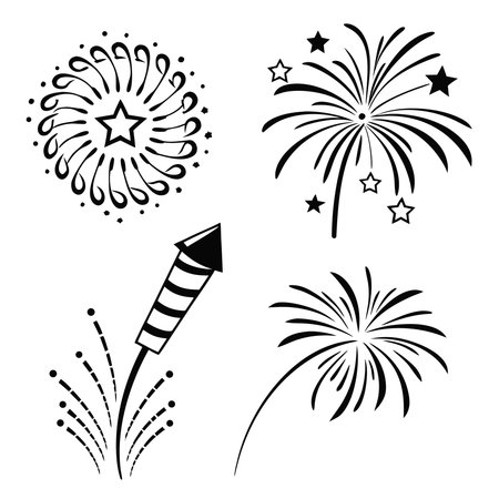 Fireworks set. Vector illustration. Black and white. Isolated on white background.のイラスト素材