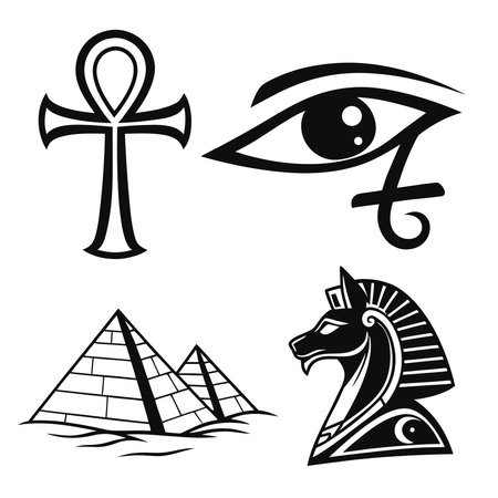 Egyptian symbols on white background. Monochrome vector illustration.のイラスト素材
