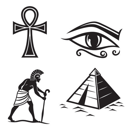 Egypt symbols set. Black and white design elements. Vector illustration.のイラスト素材