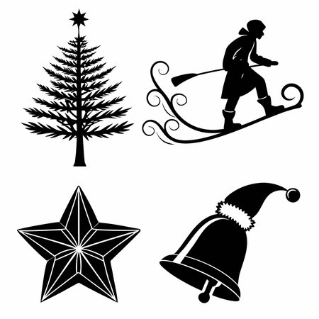christmas icons set, black and white version, vector illustration.のイラスト素材