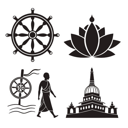 Buddhist symbols and icons set. Vector illustration. Black and white.のイラスト素材